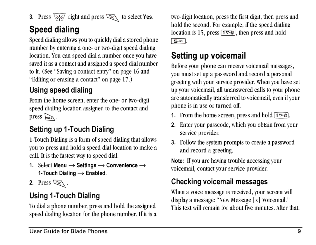 Kyocera Blade manual Speed dialing, Setting up voicemail 