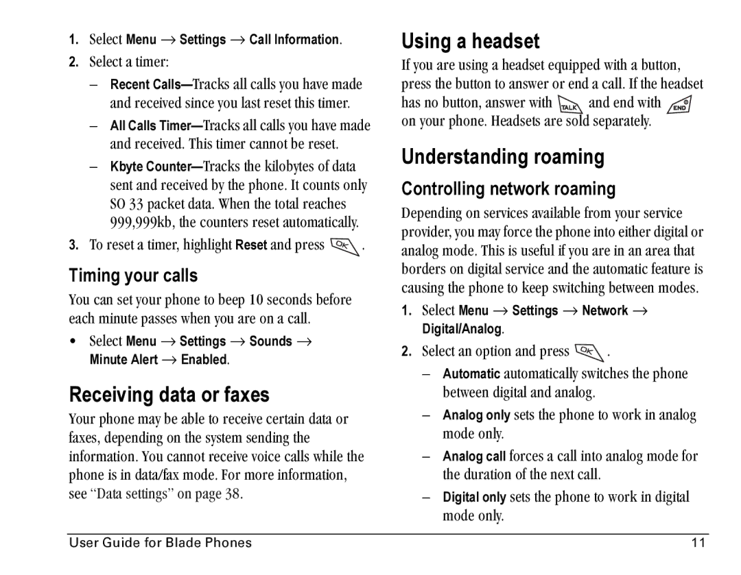 Kyocera Blade manual Receiving data or faxes, Using a headset, Understanding roaming, Timing your calls 