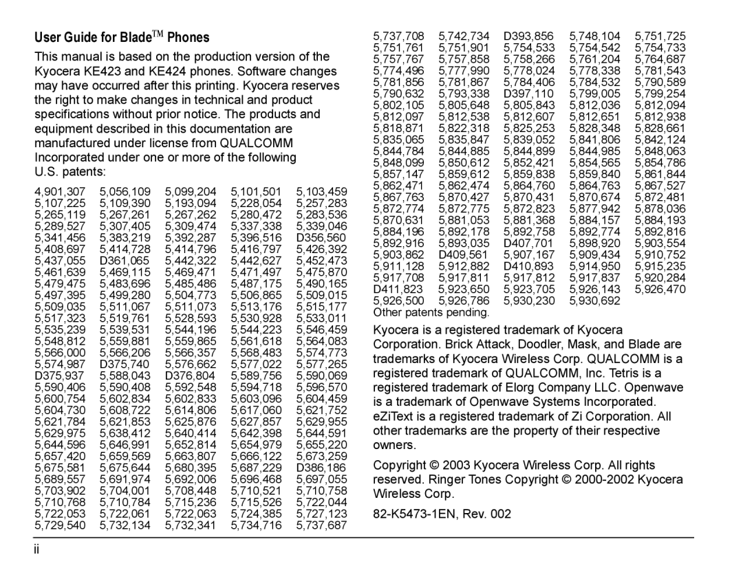 Kyocera manual User Guide for Bladeqj Phones, Patents 