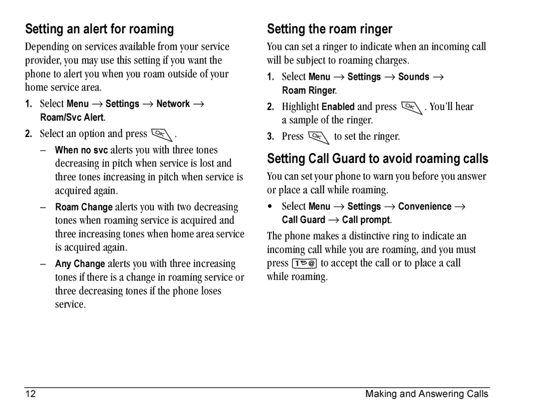 Kyocera Blade manual Setting an alert for roaming, Setting the roam ringer, Setting Call Guard to avoid roaming calls 