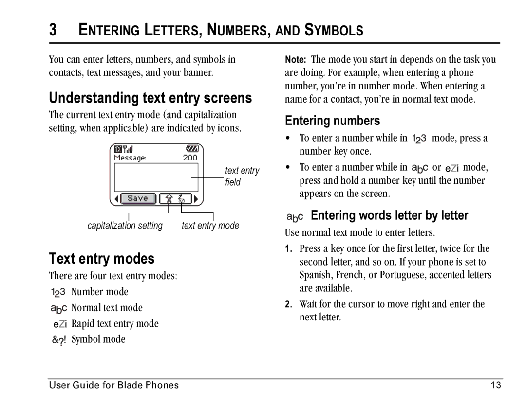 Kyocera Blade Understanding text entry screens, Text entry modes, Entering LETTERS, NUMBERS, and Symbols, Entering numbers 