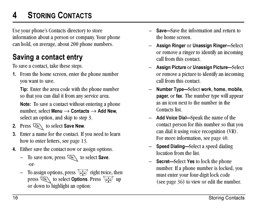 Kyocera Blade manual Saving a contact entry, Storing Contacts 