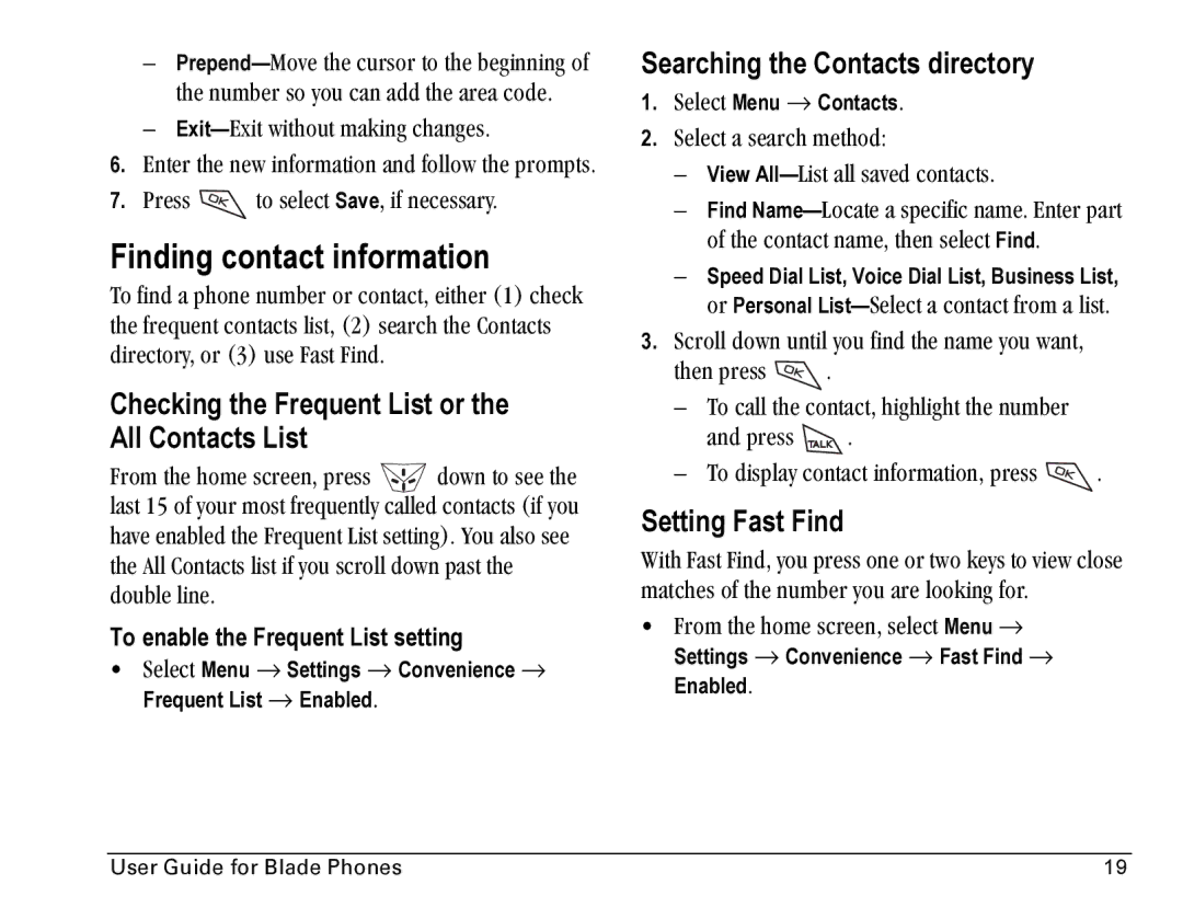 Kyocera Blade manual Finding contact information, Checking the Frequent List or the All Contacts List, Setting Fast Find 