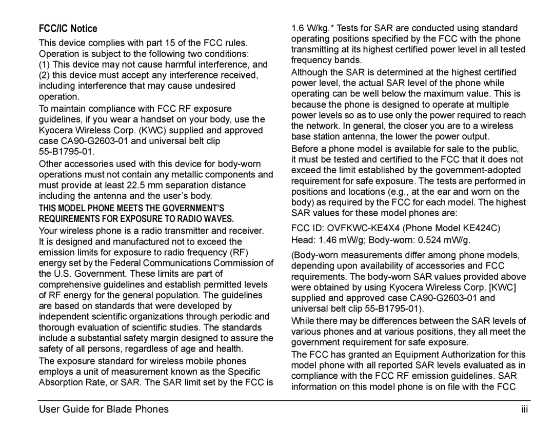 Kyocera manual FCC/IC Notice, User Guide for Blade Phones Iii 