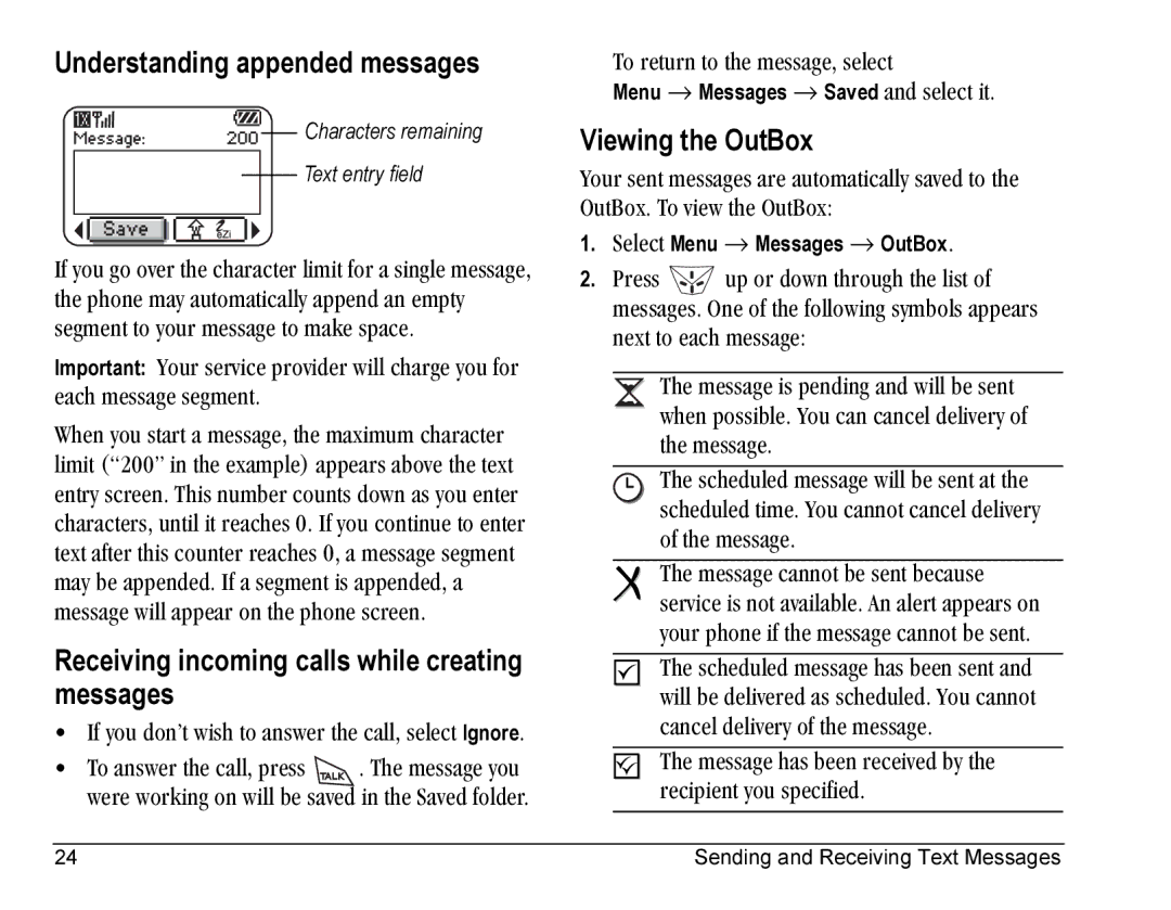 Kyocera Blade manual Understanding appended messages, Receiving incoming calls while creating messages, Viewing the OutBox 