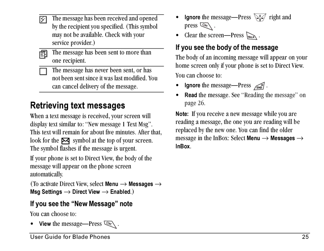 Kyocera Blade manual Retrieving text messages, If you see the New Message note, If you see the body of the message 