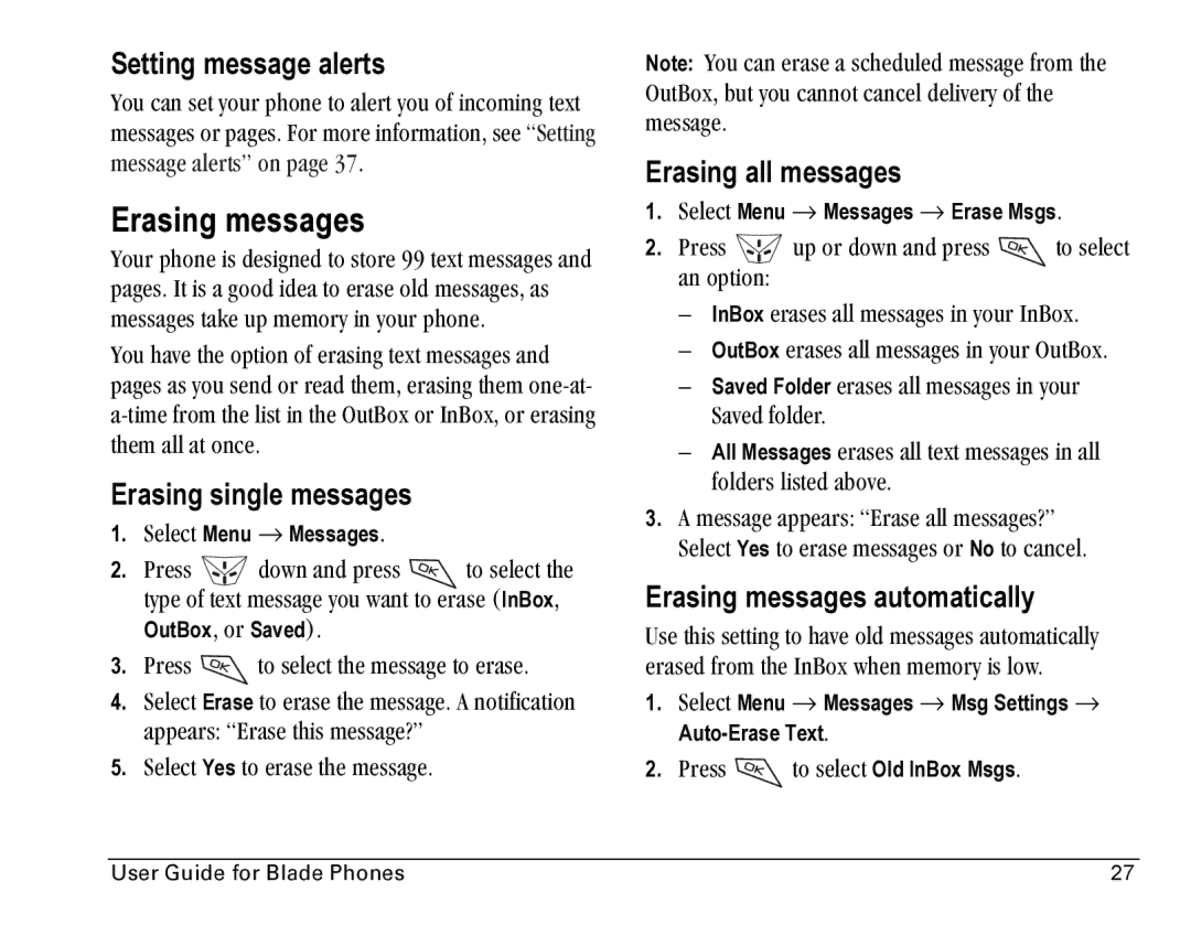 Kyocera Blade manual Erasing messages, Setting message alerts, Erasing single messages, Erasing all messages 