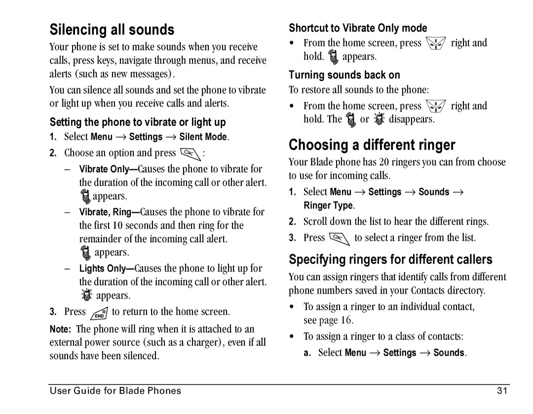 Kyocera Blade manual Silencing all sounds, Choosing a different ringer, Specifying ringers for different callers 