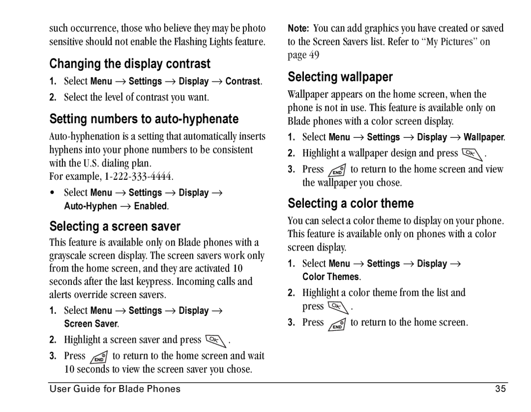 Kyocera Blade manual Changing the display contrast, Setting numbers to auto-hyphenate, Selecting a screen saver 