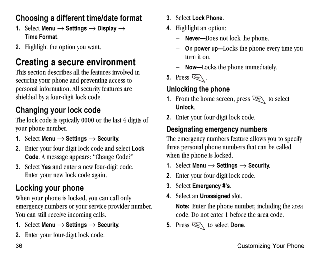 Kyocera Blade manual Creating a secure environment, Choosing a different time/date format, Changing your lock code 