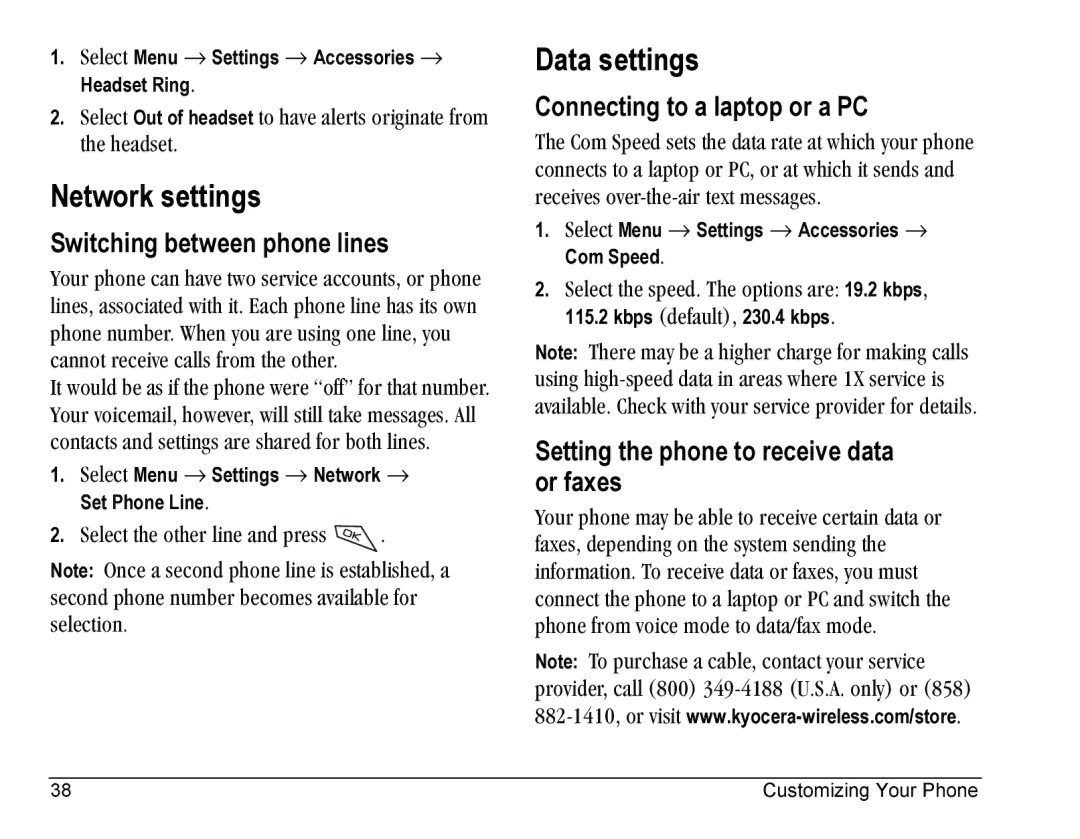 Kyocera Blade manual Network settings, Data settings, Switching between phone lines, Connecting to a laptop or a PC 