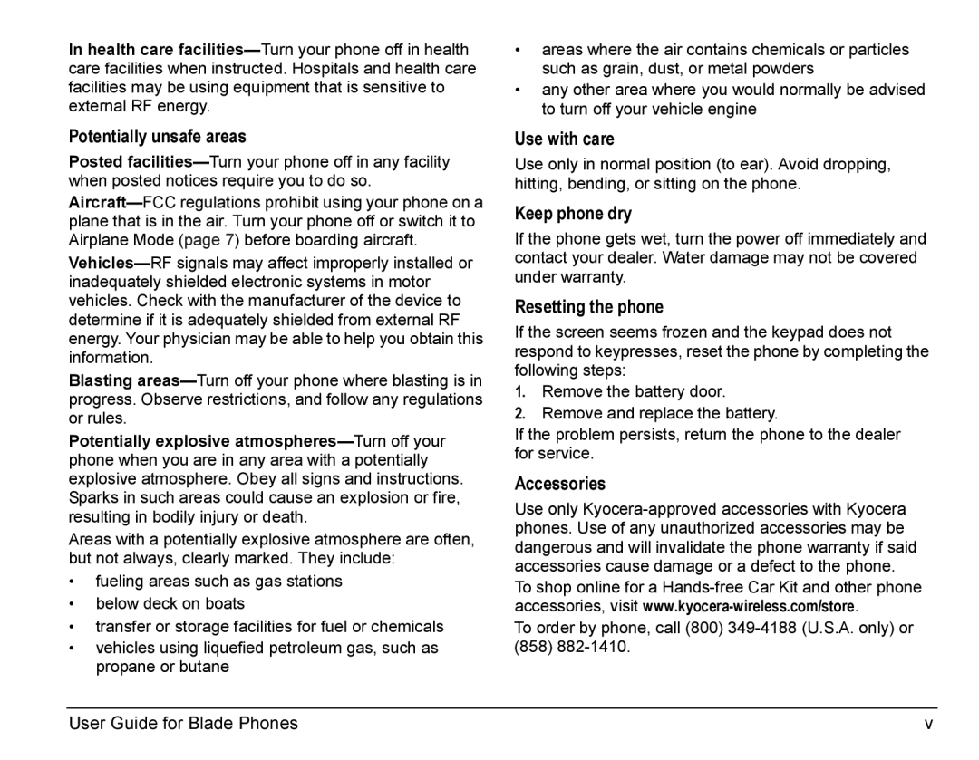 Kyocera Blade manual Potentially unsafe areas, Use with care, Keep phone dry, Resetting the phone, Accessories 