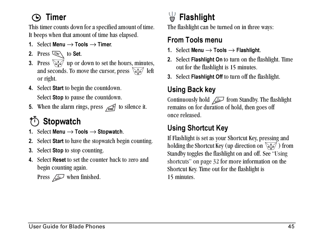 Kyocera Blade manual Timer, Stopwatch, Flashlight 