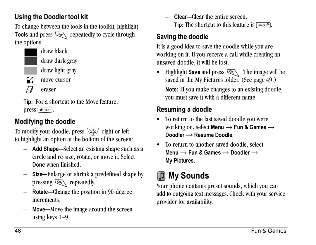 Kyocera Blade manual My Sounds, Using the Doodler tool kit, Modifying the doodle, Saving the doodle, Resuming a doodle 