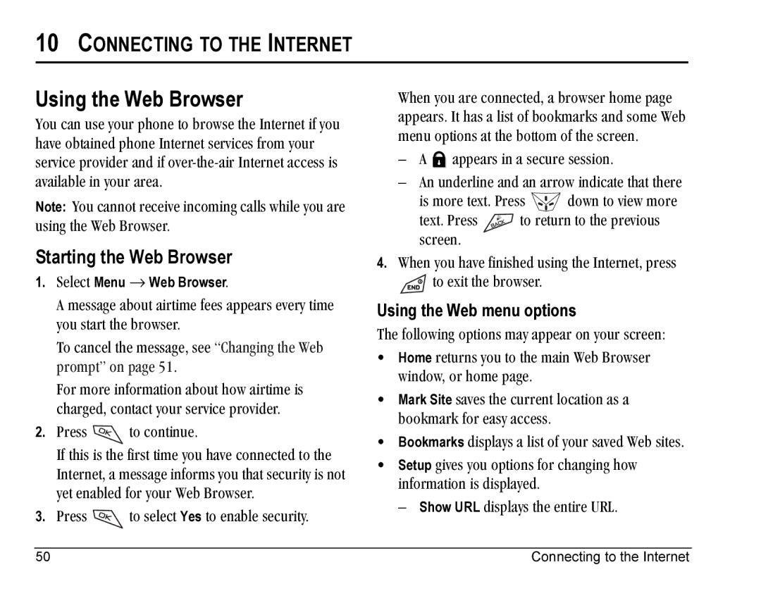 Kyocera Blade Using the Web Browser, Connecting to the Internet, Starting the Web Browser, Using the Web menu options 