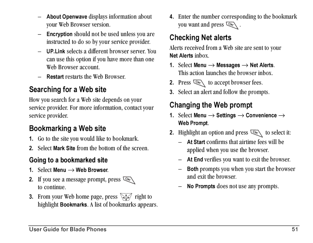 Kyocera Blade manual Searching for a Web site, Bookmarking a Web site, Checking Net alerts, Changing the Web prompt 