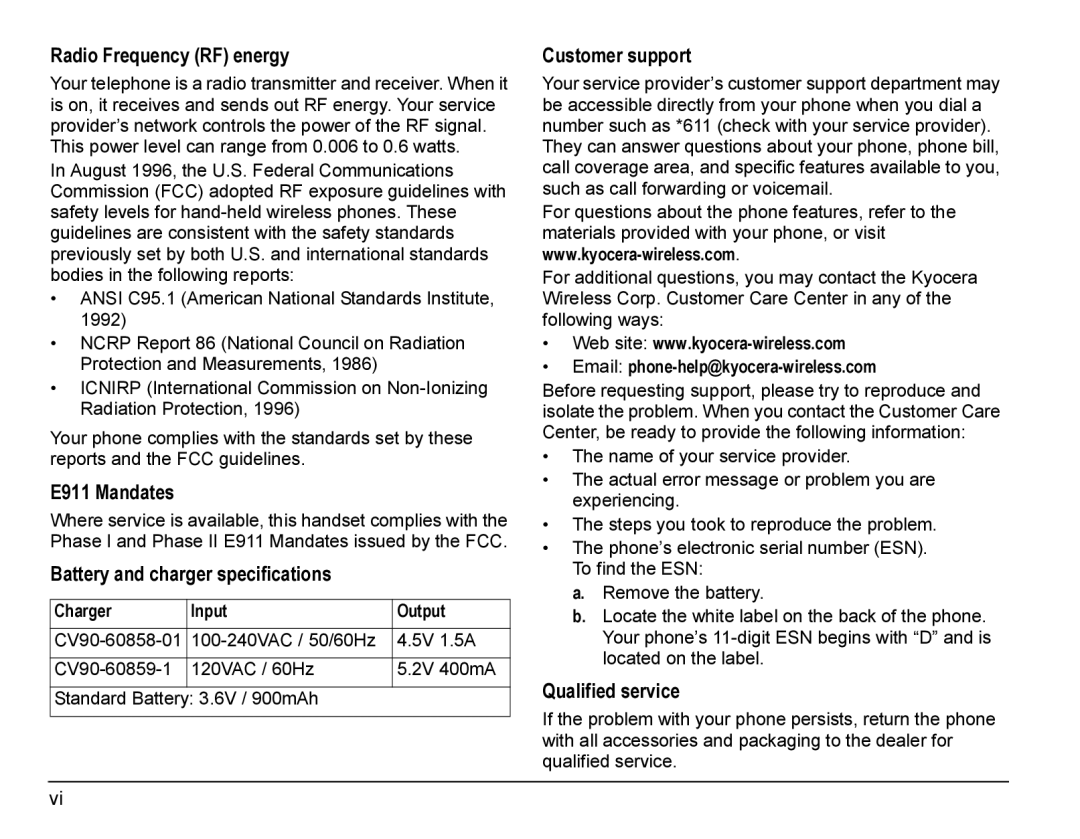 Kyocera Blade manual Radio Frequency RF energy Customer support, Battery and charger specifications, Qualified service 