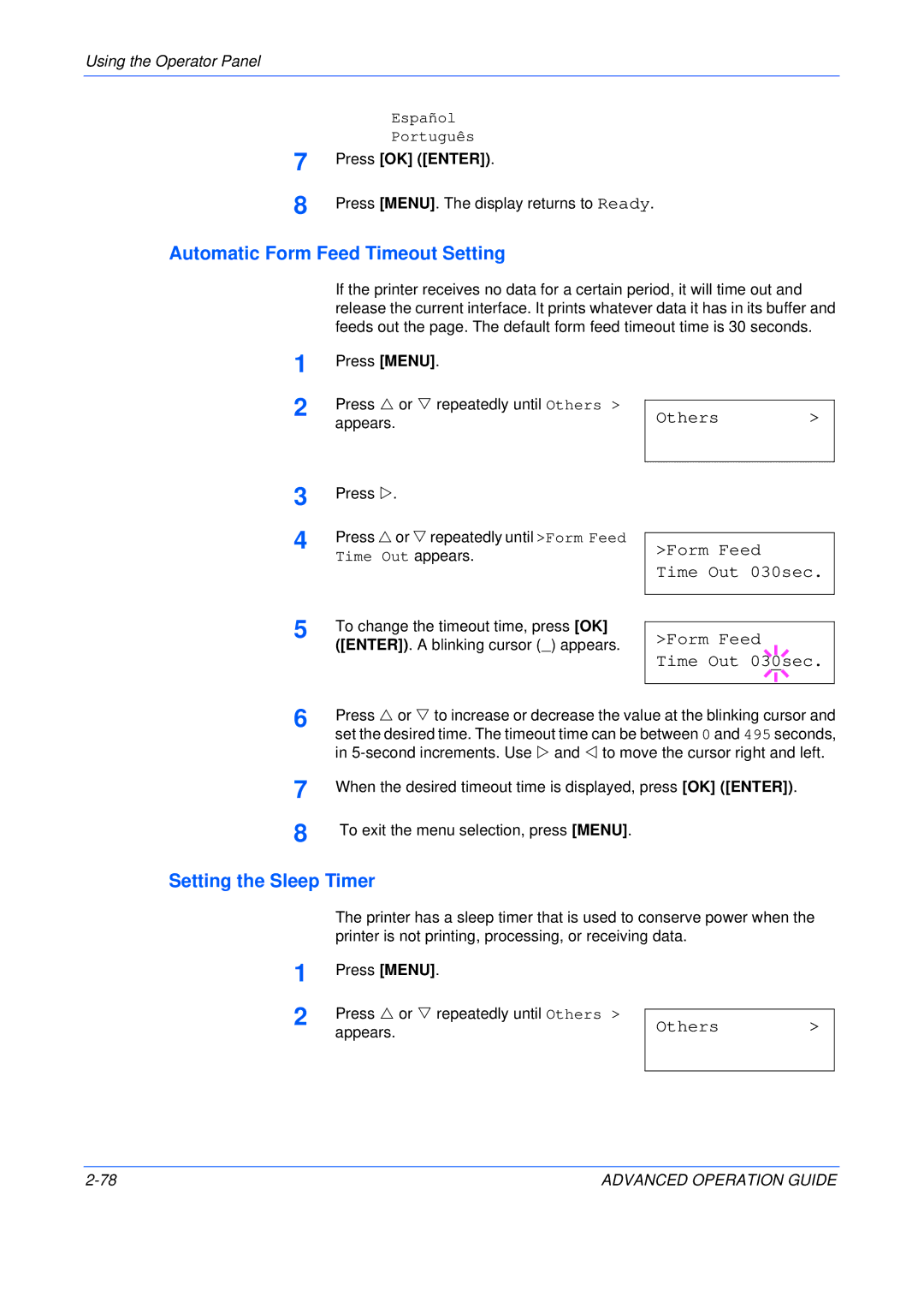 Kyocera C5025N manual Automatic Form Feed Timeout Setting, Setting the Sleep Timer, Others Form Feed Time Out 030sec 