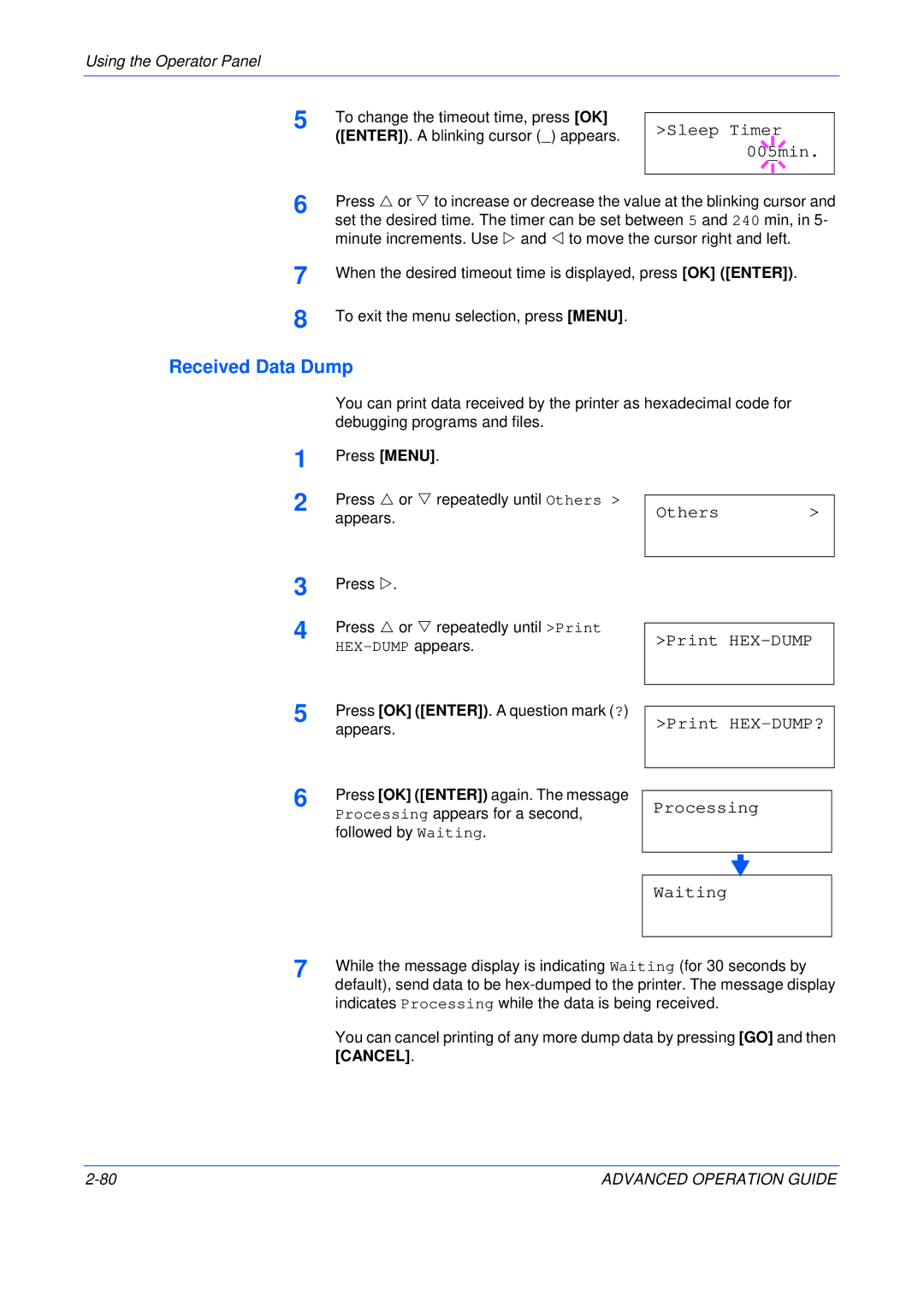 Kyocera C5025N manual Received Data Dump, Others Print HEX-DUMP, Print HEX-DUMP? Processing Waiting 