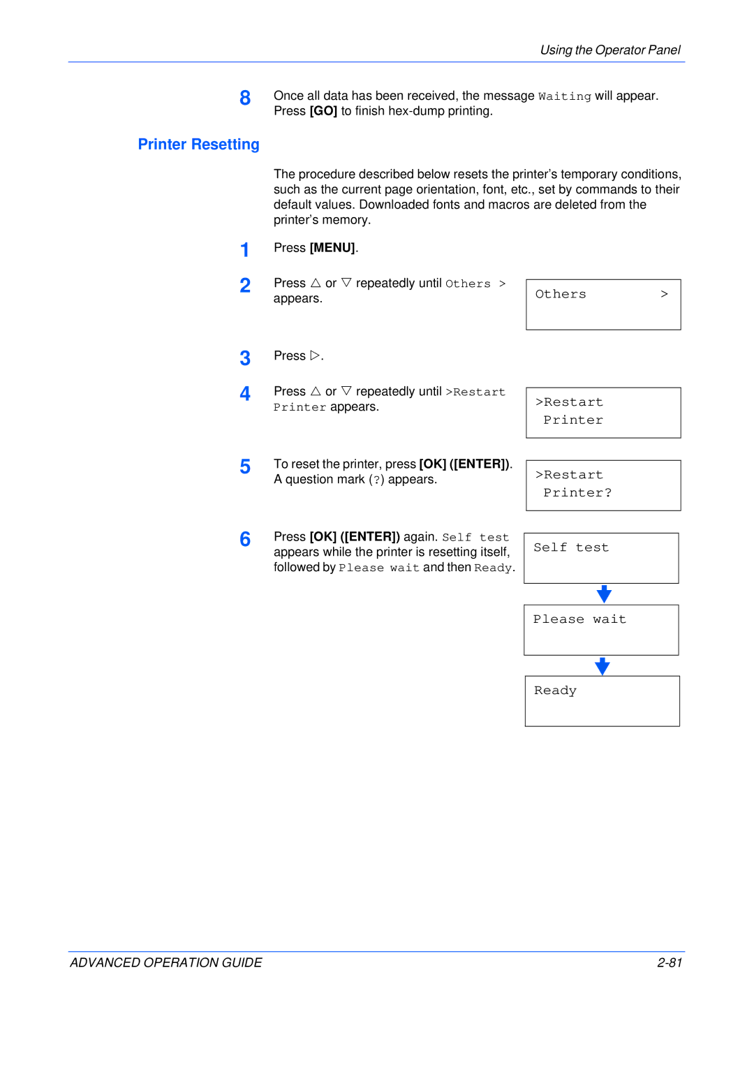 Kyocera C5025N manual Printer Resetting, Others Restart Printer, Restart Printer? Self test Please wait Ready 