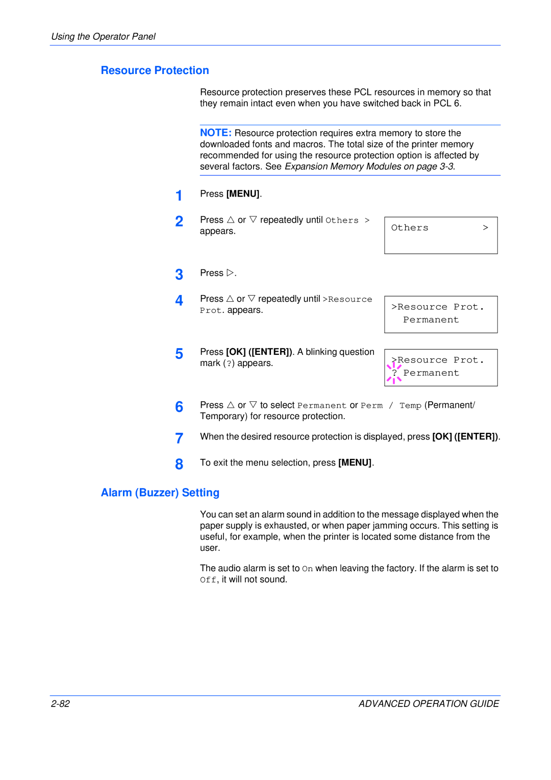Kyocera C5025N manual Resource Protection, Alarm Buzzer Setting, Others Resource Prot. Permanent Resource Prot. ? Permanent 