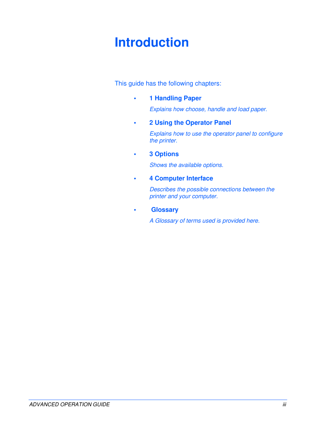 Kyocera C5025N manual Handling Paper, Using the Operator Panel, Options, Computer Interface, Glossary 