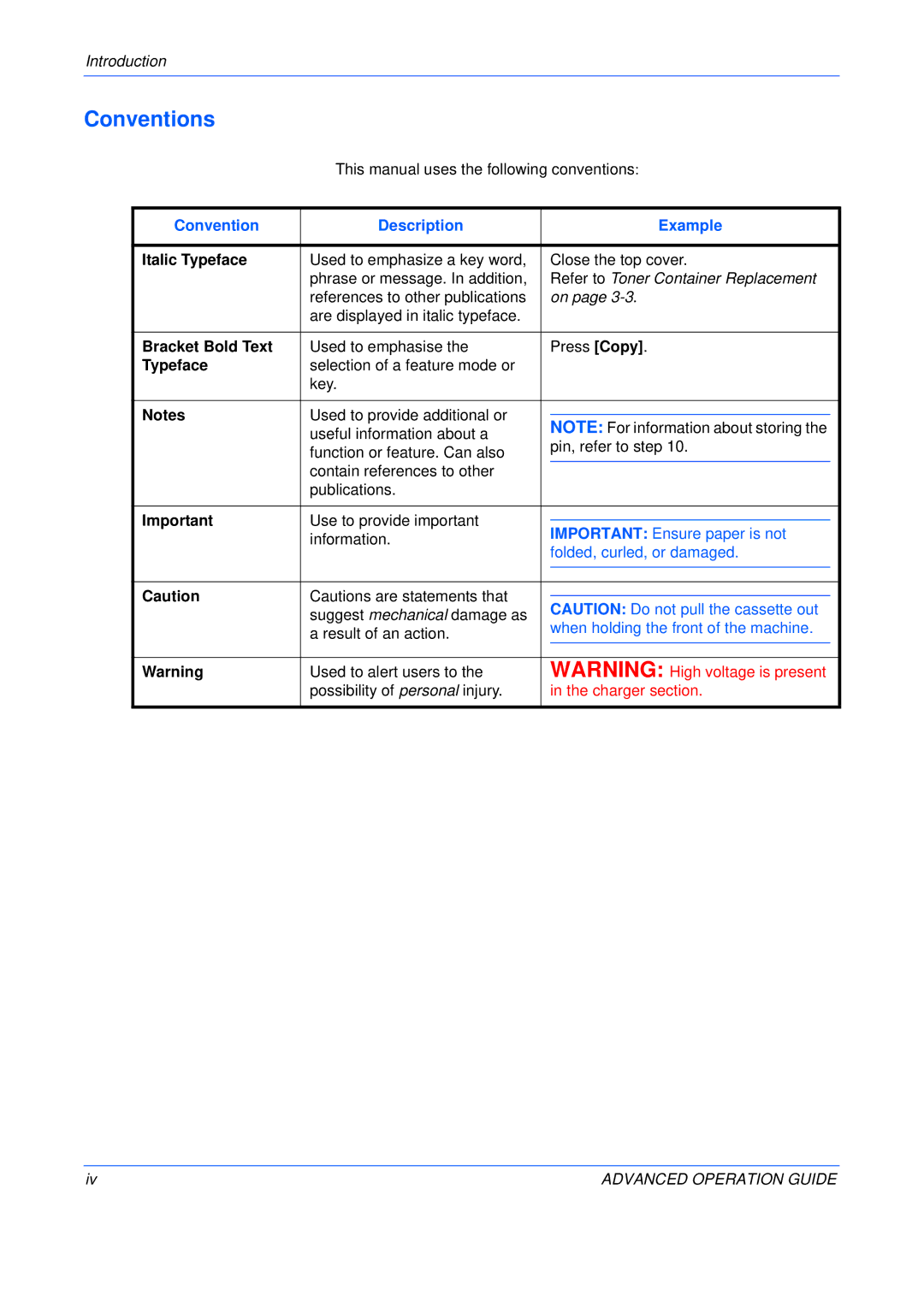 Kyocera C5025N manual Conventions, Convention Description Example 