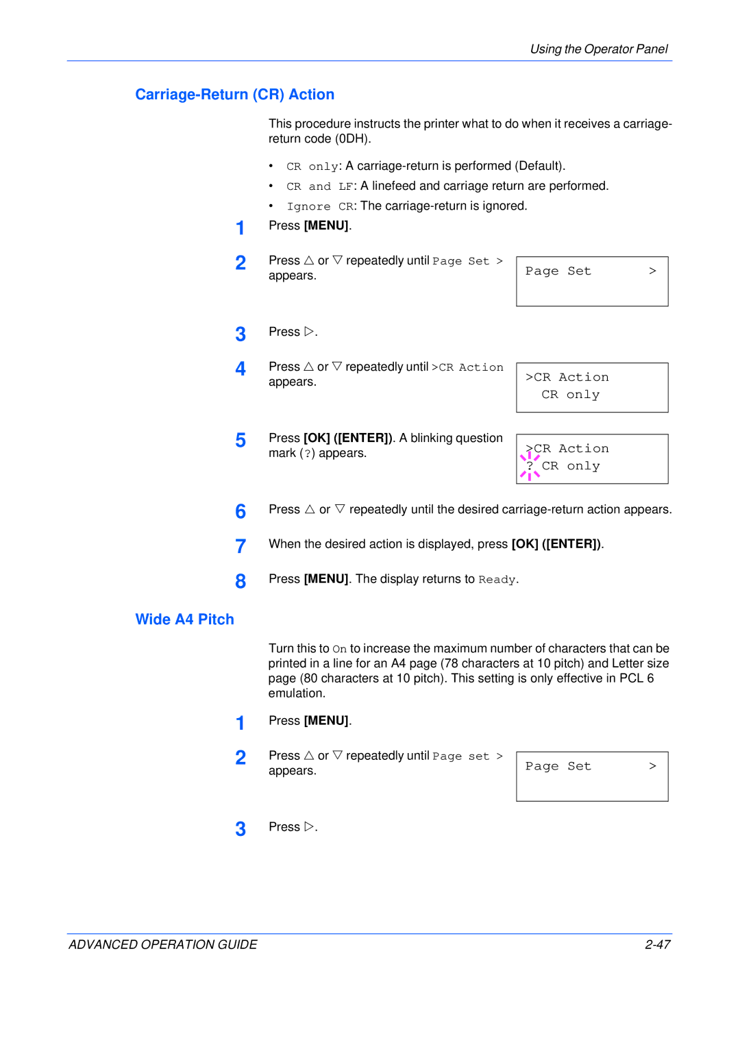 Kyocera C5025N manual Carriage-Return CR Action, Wide A4 Pitch, Set CR Action CR only CR Action ? CR only 