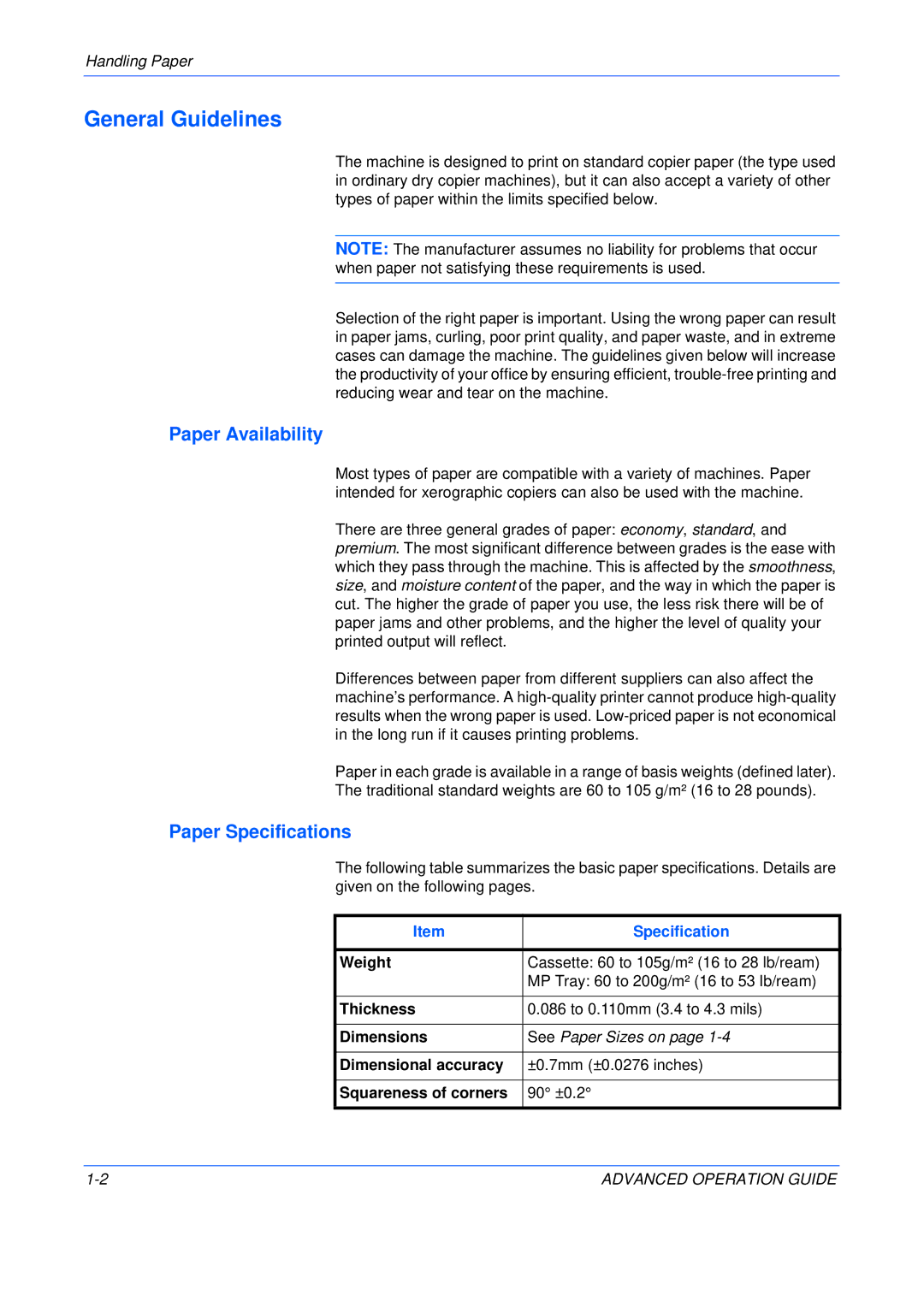 Kyocera C5025N manual General Guidelines, Paper Availability, Paper Specifications 