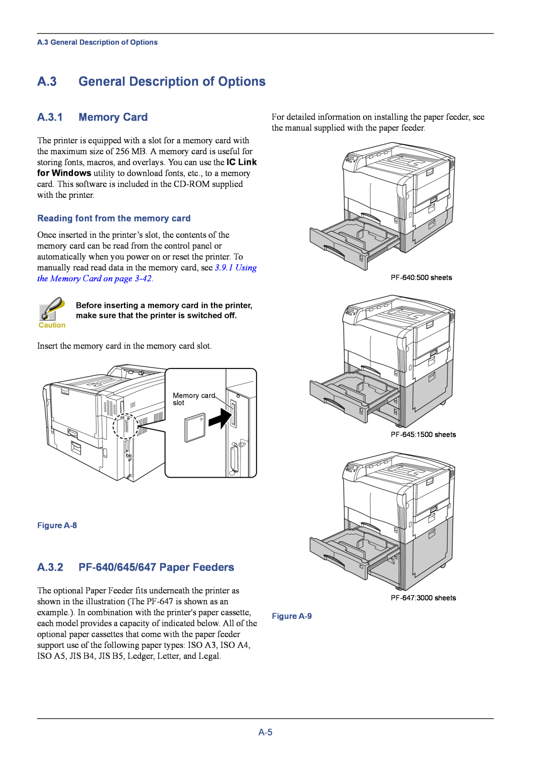 Kyocera C8026N manual A.3 General Description of Options, A.3.1 Memory Card, A.3.2 PF-640/645/647 Paper Feeders 