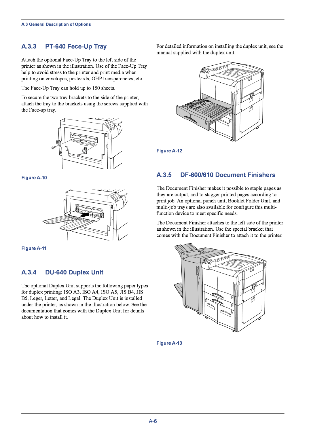 Kyocera C8026N manual A.3.3 PT-640 Fece-Up Tray, A.3.5 DF-600/610 Document Finishers, A.3.4 DU-640 Duplex Unit 