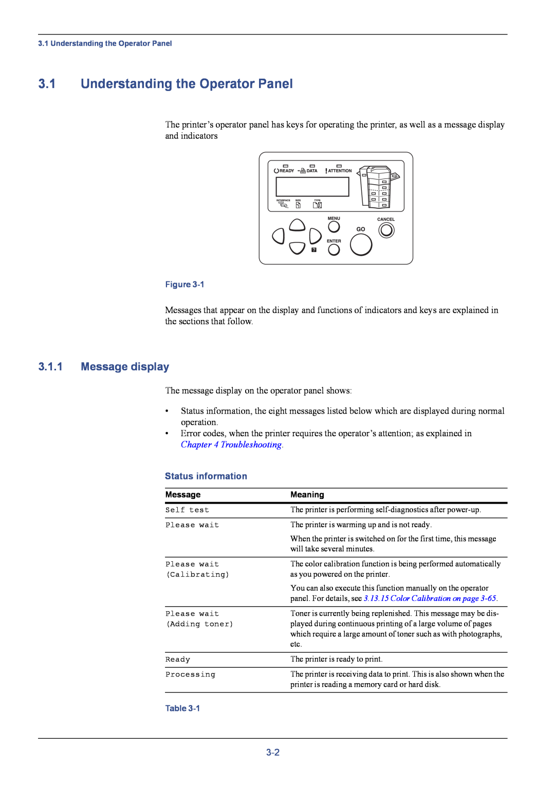 Kyocera C8026N manual Understanding the Operator Panel, Message display, Status information 