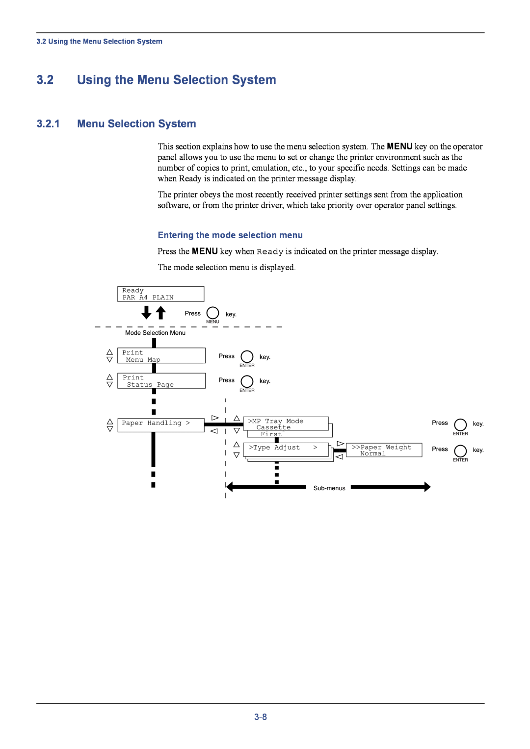 Kyocera C8026N manual Using the Menu Selection System, Entering the mode selection menu 