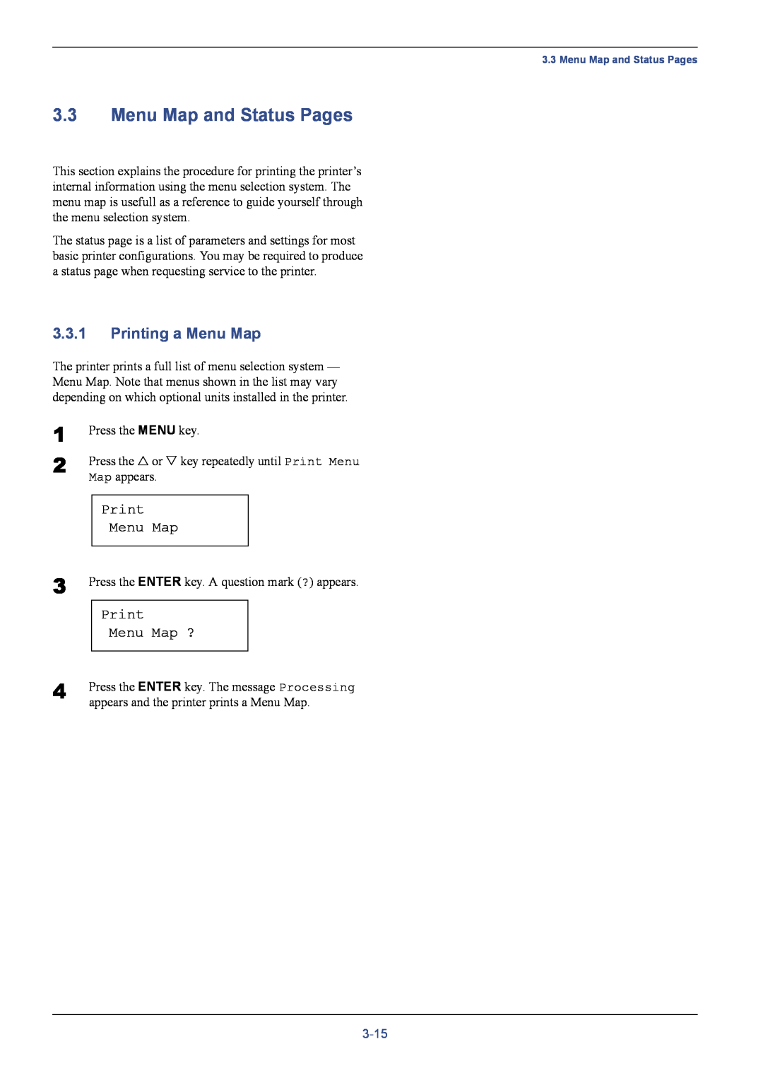 Kyocera C8026N manual Menu Map and Status Pages, Printing a Menu Map, 3-15 