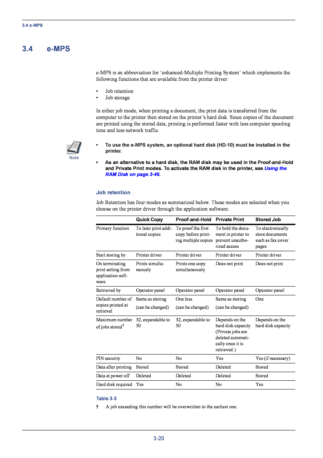 Kyocera C8026N manual e-MPS, Job retention, 3-20 