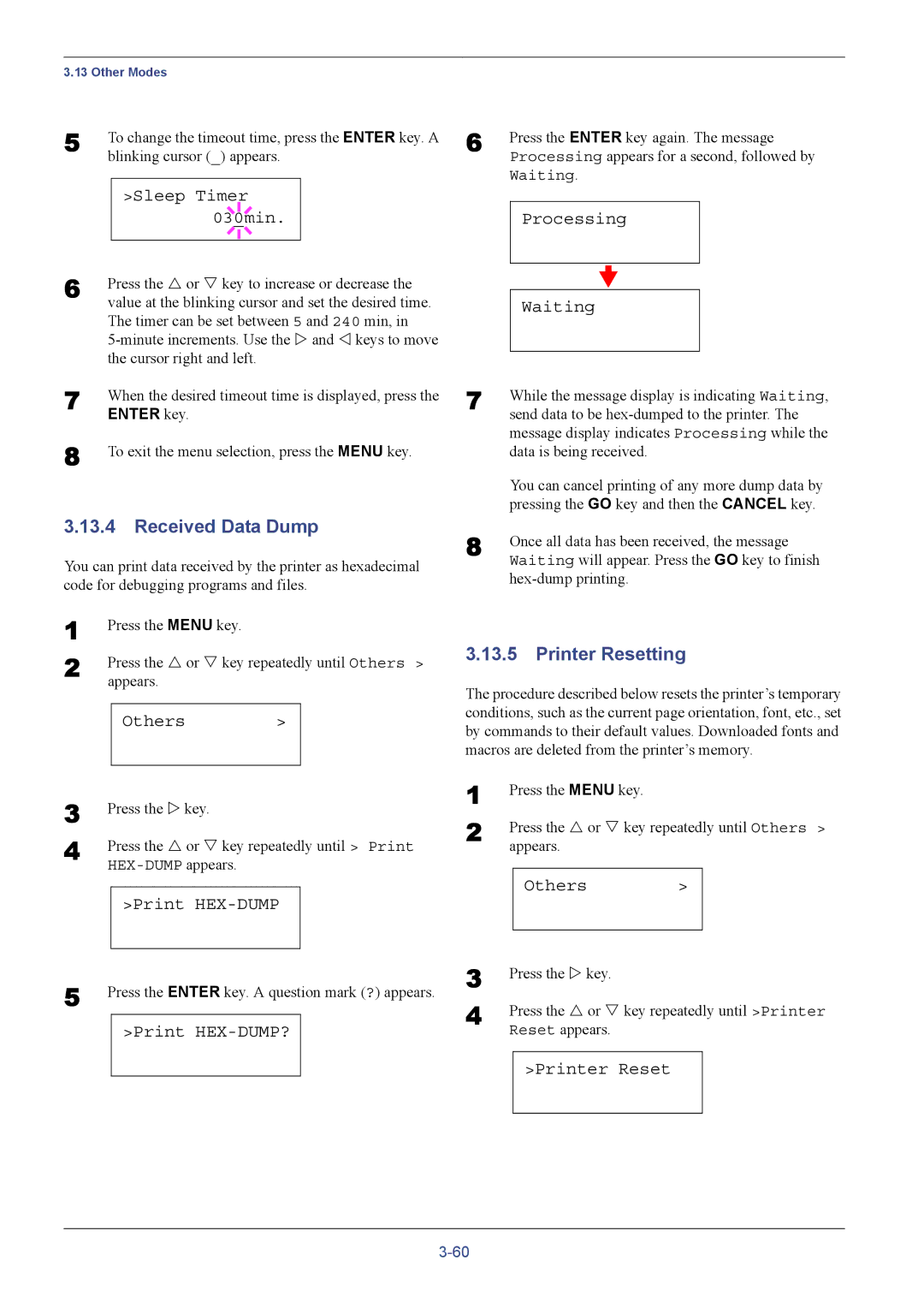 Kyocera C8026N manual Print HEX-DUMP?, Processing Waiting, Printer Reset 