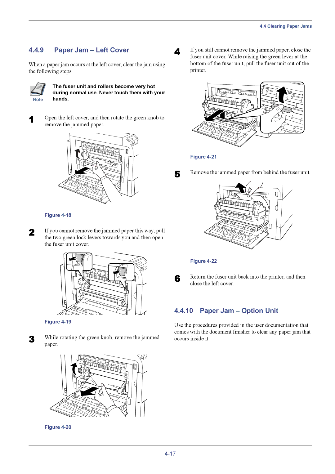 Kyocera C8026N manual Paper Jam Left Cover, Paper Jam Option Unit, Fuser unit and rollers become very hot, Hands 