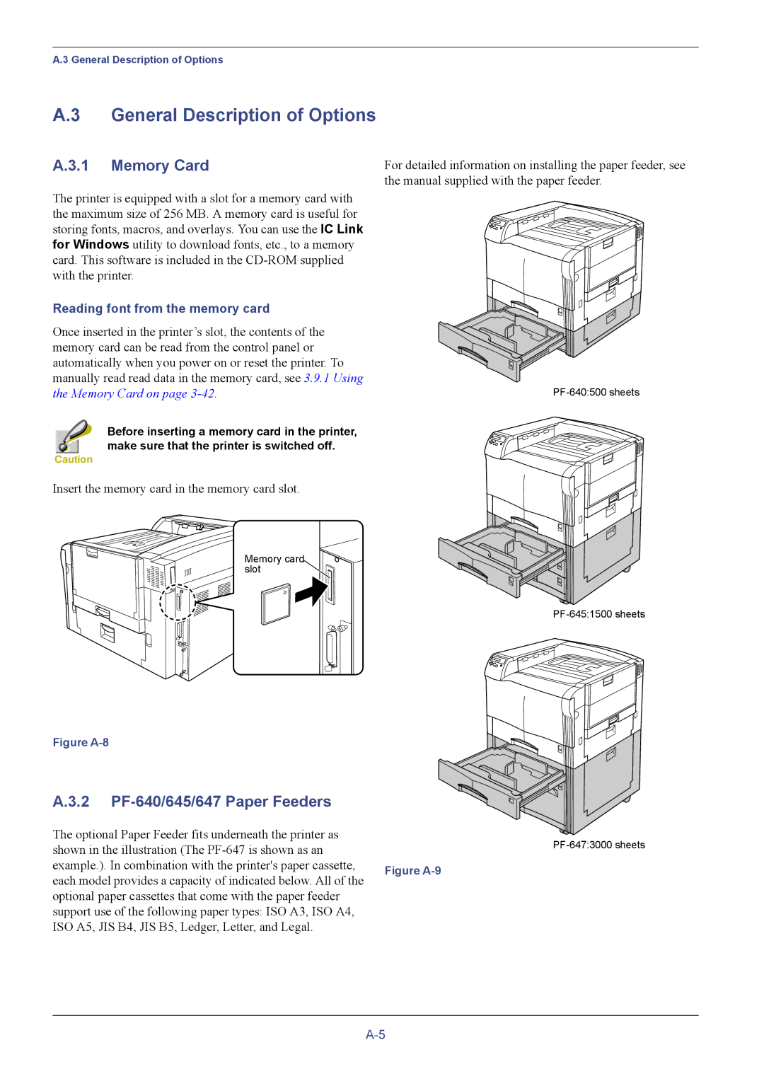 Kyocera C8026N manual General Description of Options, Memory Card, 2 PF-640/645/647 Paper Feeders 