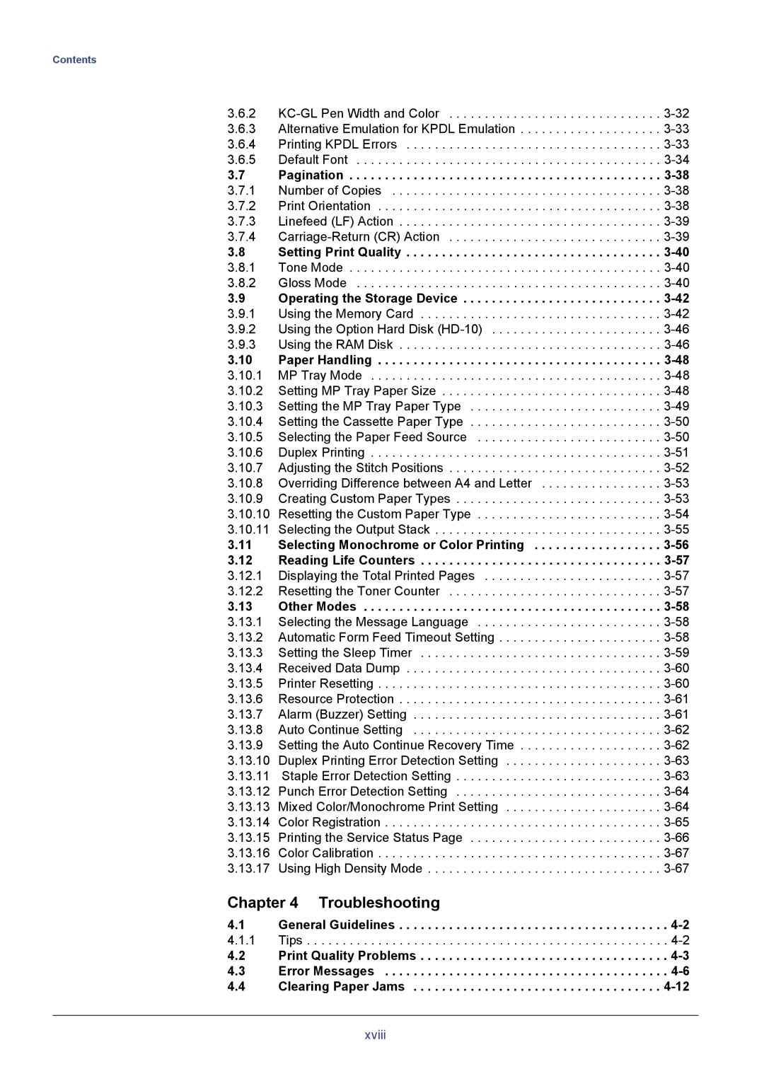 Kyocera C8026N Pagination, Setting Print Quality, Operating the Storage Device, Paper Handling, Reading Life Counters 