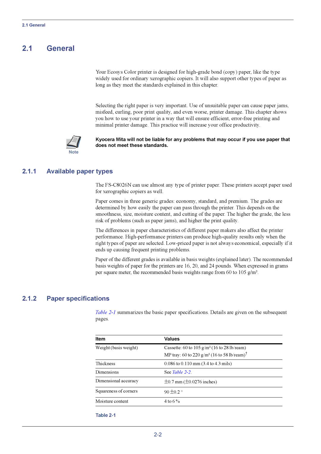 Kyocera C8026N manual General, Available paper types, Paper specifications, Values 