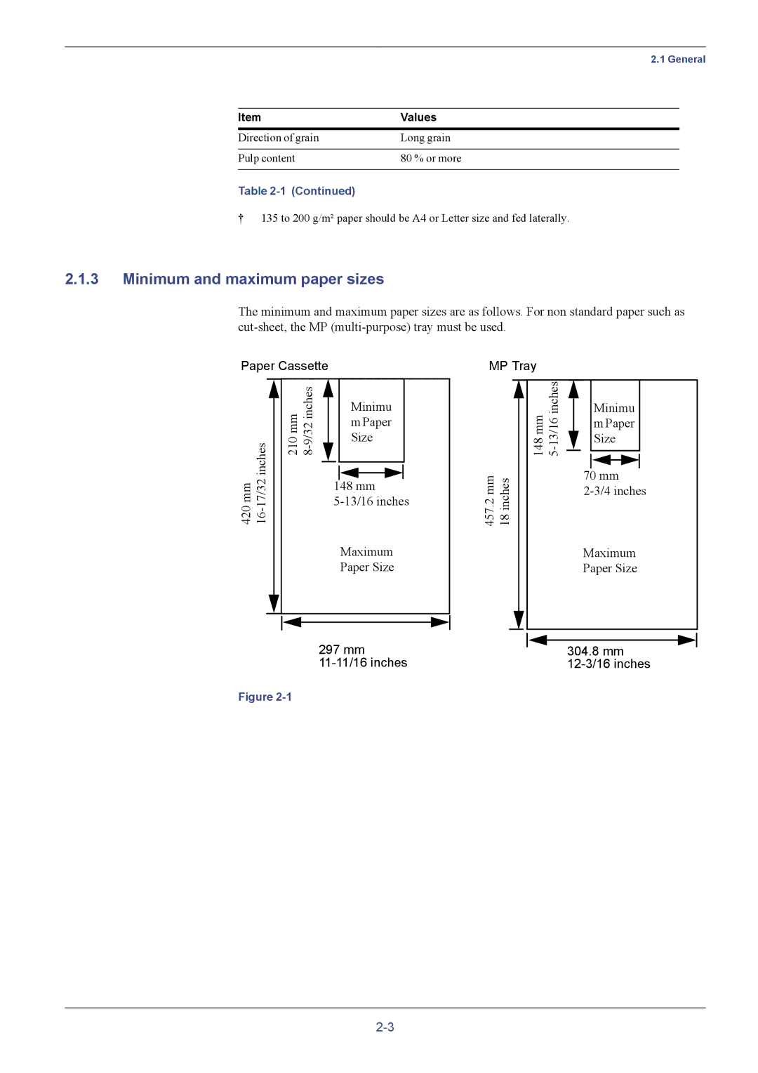 Kyocera C8026N manual Minimum and maximum paper sizes, Paper Cassette MP Tray 