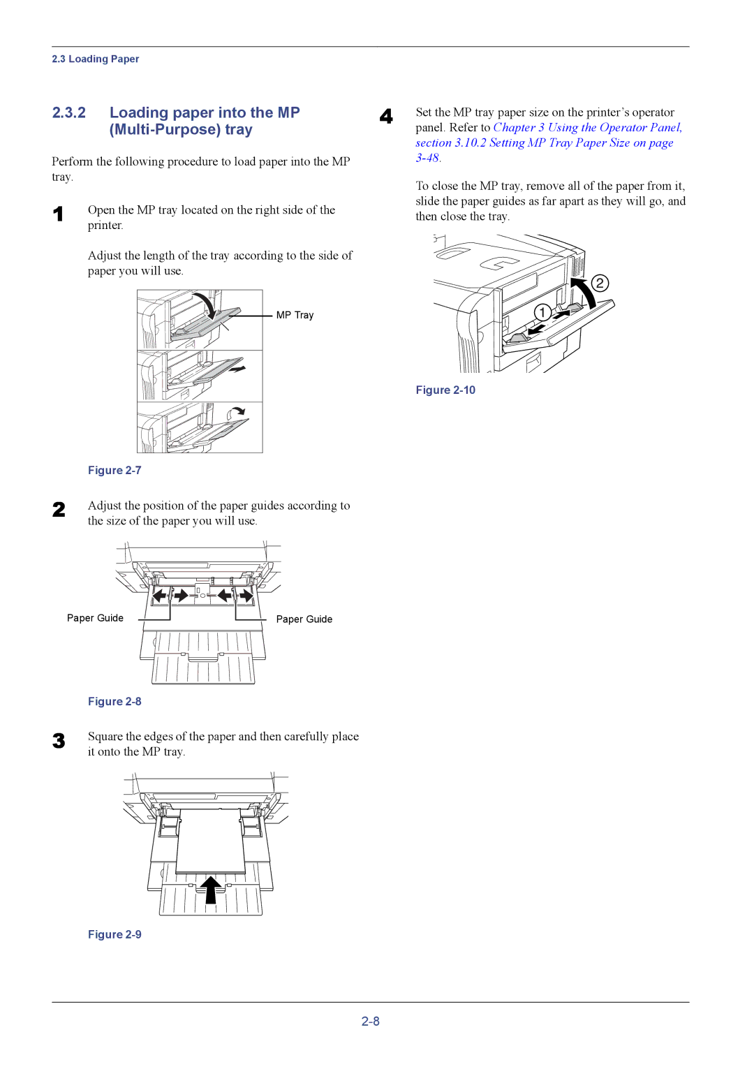 Kyocera C8026N manual Loading paper into the MP Multi-Purpose tray 