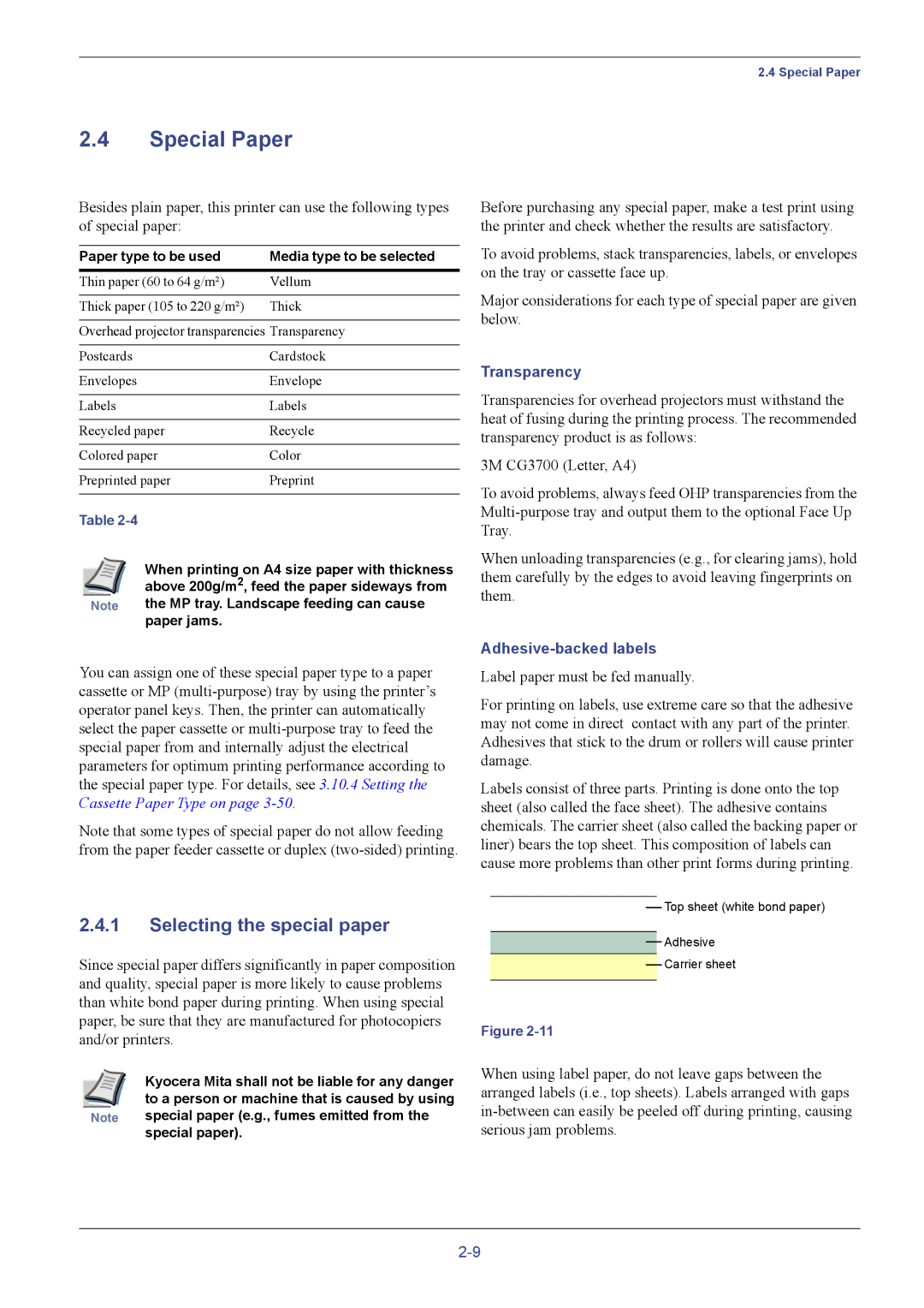 Kyocera C8026N manual Special Paper, Selecting the special paper, Transparency, Adhesive-backed labels 