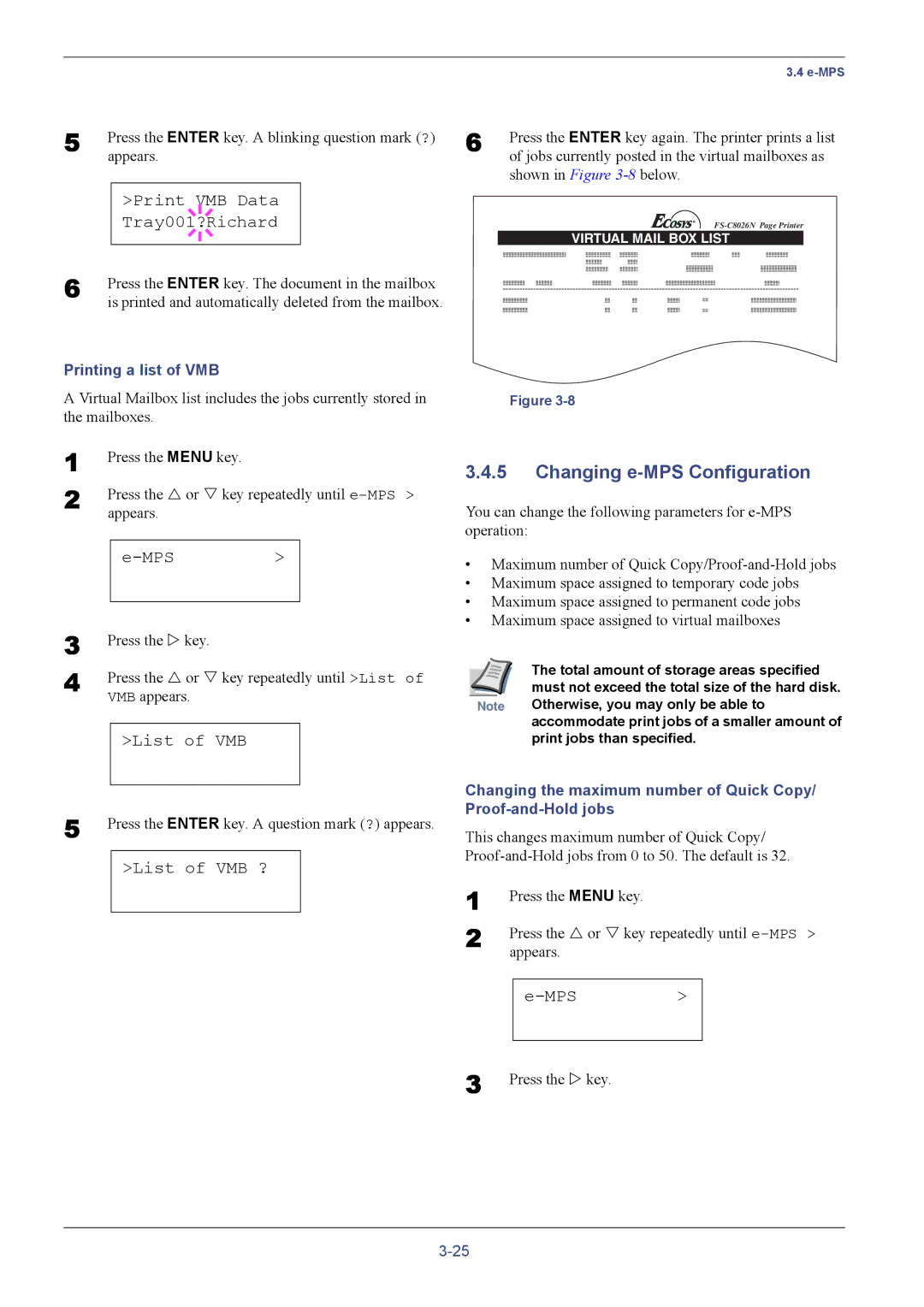 Kyocera C8026N Changing e-MPS Configuration, Print VMB Data Tray001?Richard, List of VMB ?, Printing a list of VMB 