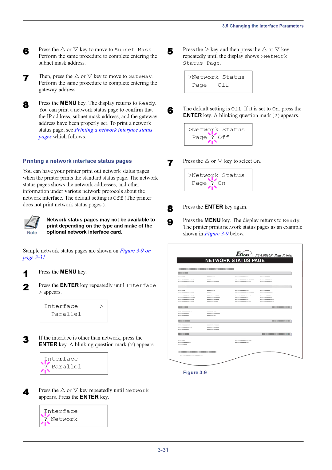 Kyocera C8026N manual Interface Parallel, Network Status Off, Status ? Off, Status ? On 