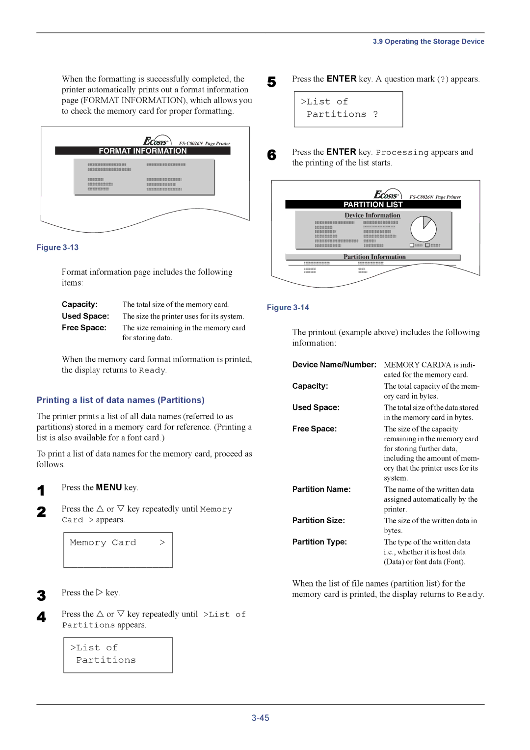 Kyocera C8026N manual List of Partitions ?, Printing a list of data names Partitions 