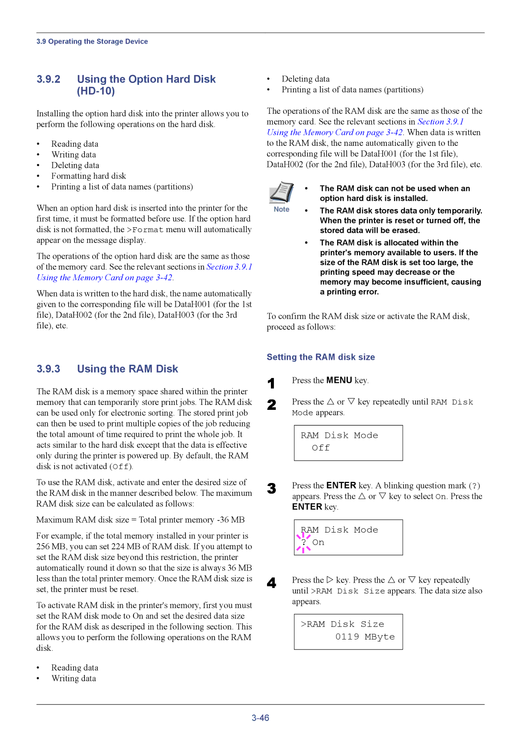 Kyocera C8026N manual Using the Option Hard Disk HD-10, Using the RAM Disk, RAM Disk Mode Off, RAM Disk Mode ? On 