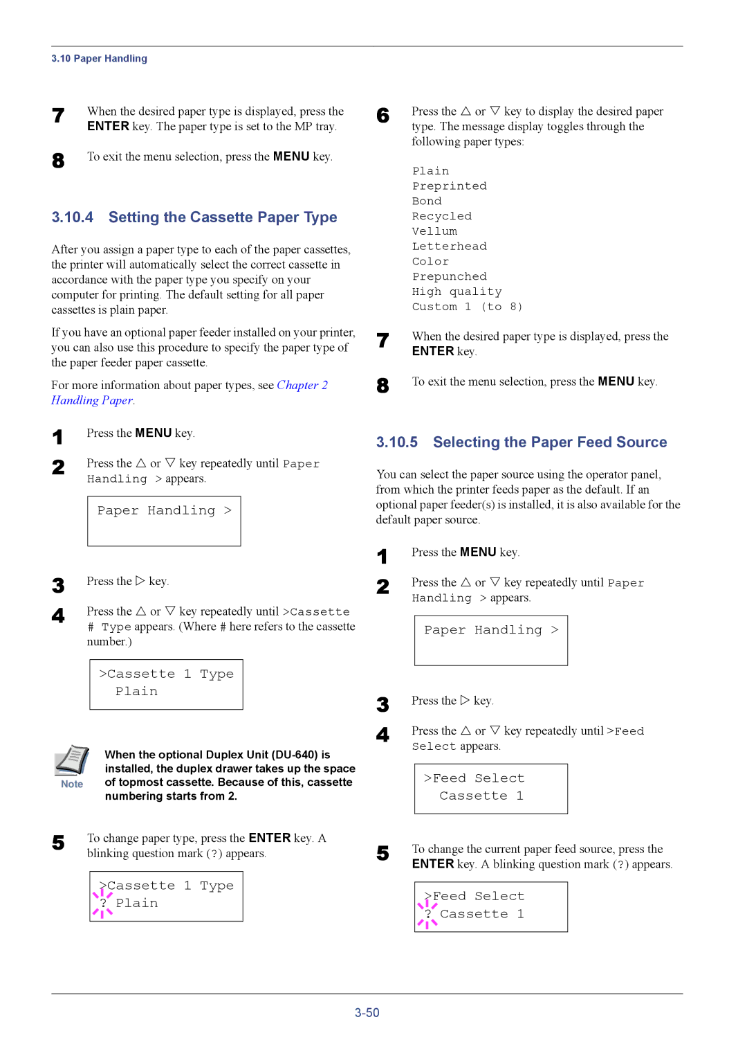 Kyocera C8026N manual Setting the Cassette Paper Type, Selecting the Paper Feed Source 