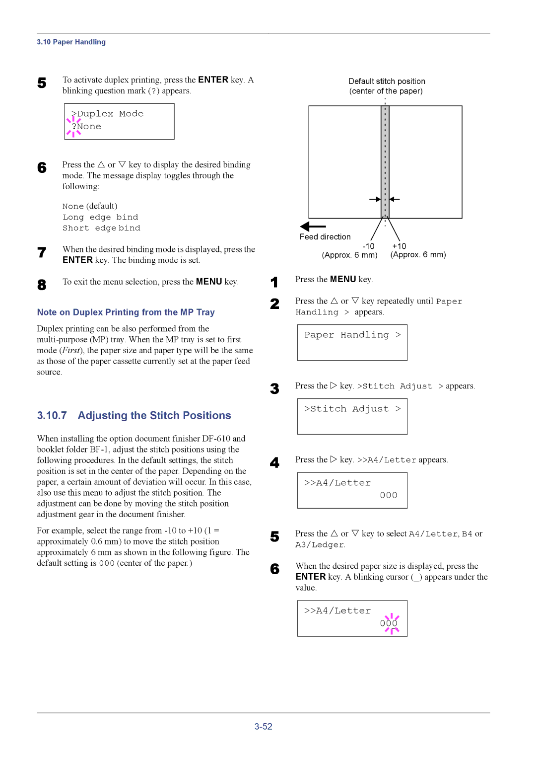 Kyocera C8026N manual Adjusting the Stitch Positions, Duplex Mode ?None, Stitch Adjust, A4/Letter 000 