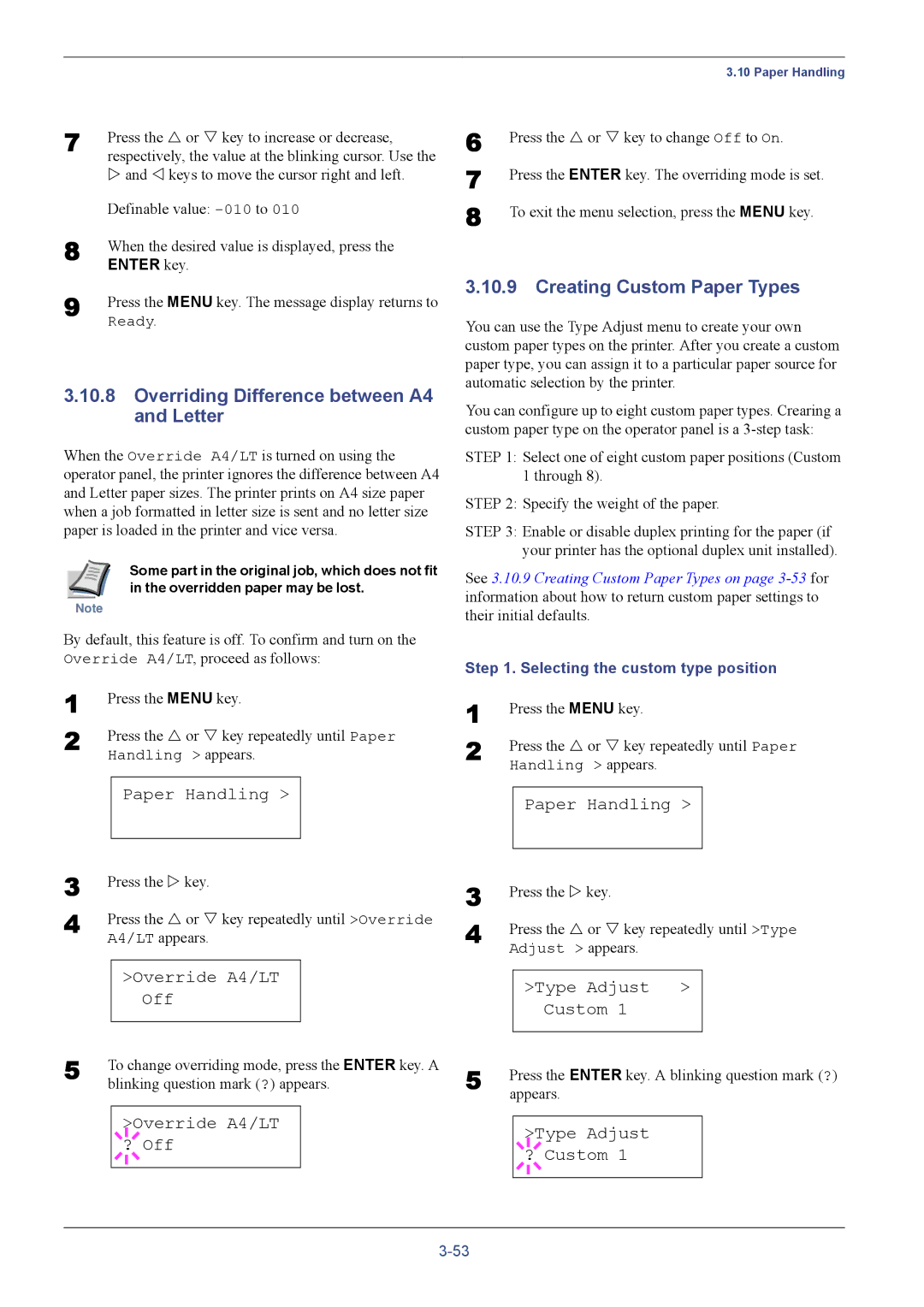 Kyocera C8026N manual Overriding Difference between A4 and Letter, Creating Custom Paper Types 